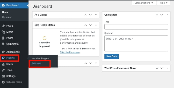 WordPress admin dashboard