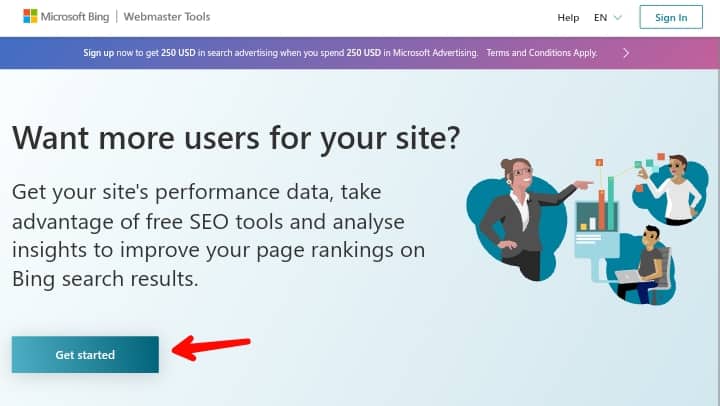 Bing Webmaster Tools homepage