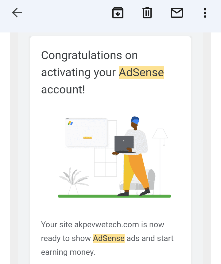 Approved message from Google AdSense