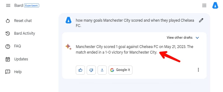 Google Bard answering how many goals Man City scored 