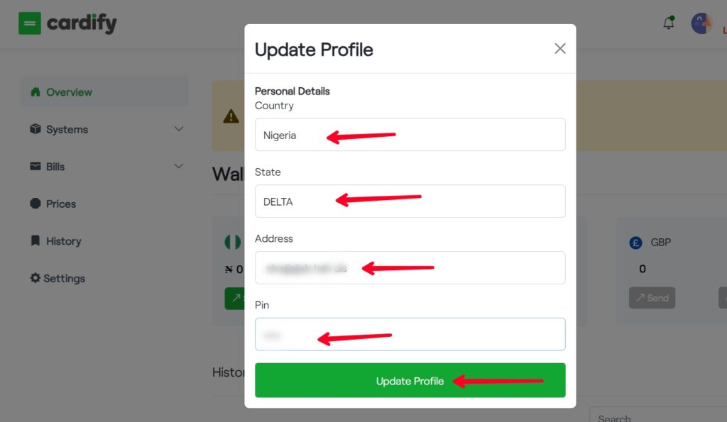 Enter your country and state and address and pin and click on Update Profile button